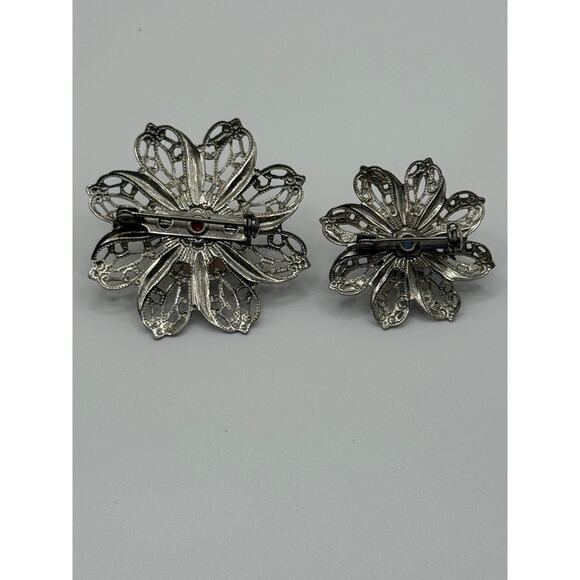 Vintage Silver Tone Flower Brooches Interchangeable Bead Center Set of 2 (0016) - Picture 3 of 6